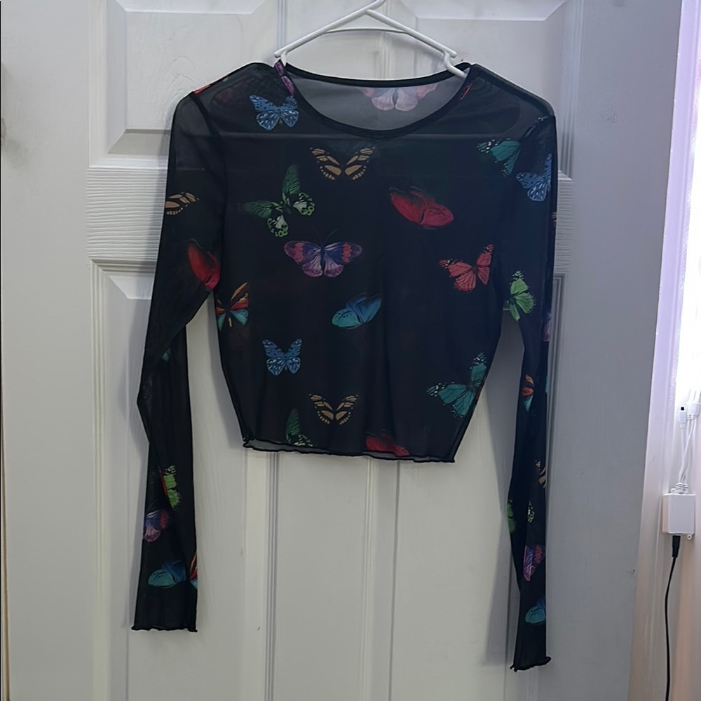 Sheer Mesh Butterfly Print Long Sleeve Top – Y2K Aesthetic E-Girl Style